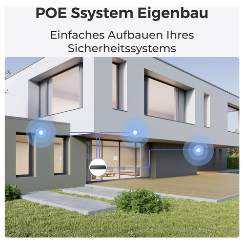'POE Ssystem Eigenbau' zeigt ein modernes Haus mit hervorgehobenen Sicherheitskameras, die über ein eigenes POE-System verbunden sind.